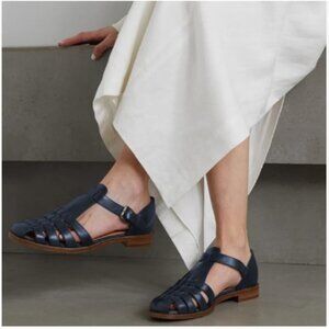 FSJ Navy Closed Toe Low Block Heel Woven Roman Ankle Strap Hollow Caged Sandals